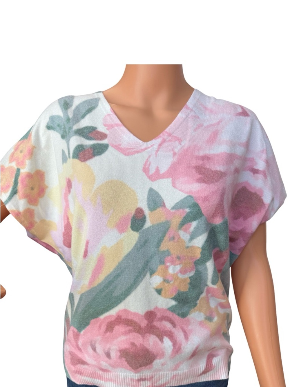 Sioni Floral V-Neck Short Sleeve Top in Pink, Green, Yellow on White